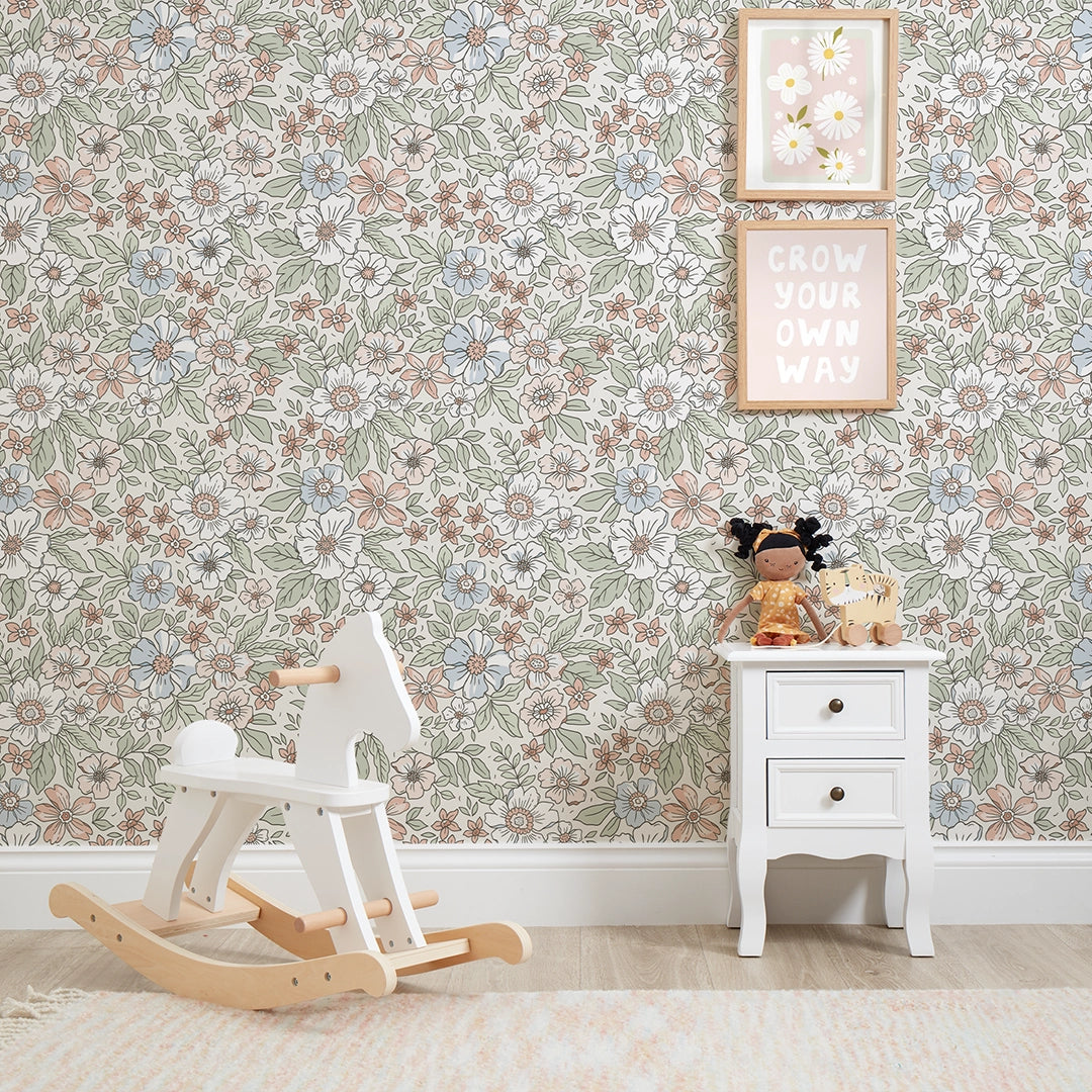 Gorgeous Gardenia Wallpaper in Sage, Soft Blues and Peach – I Love