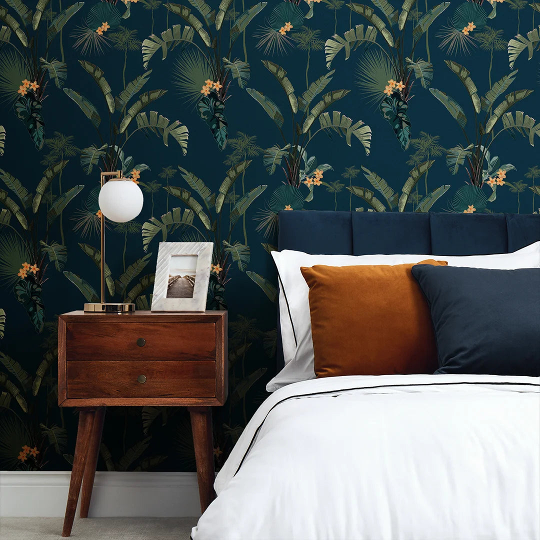 Jungle Paradise Tropical Wallpaper - Navy Blue Exotic Plants & Birds Feature Wall Paper