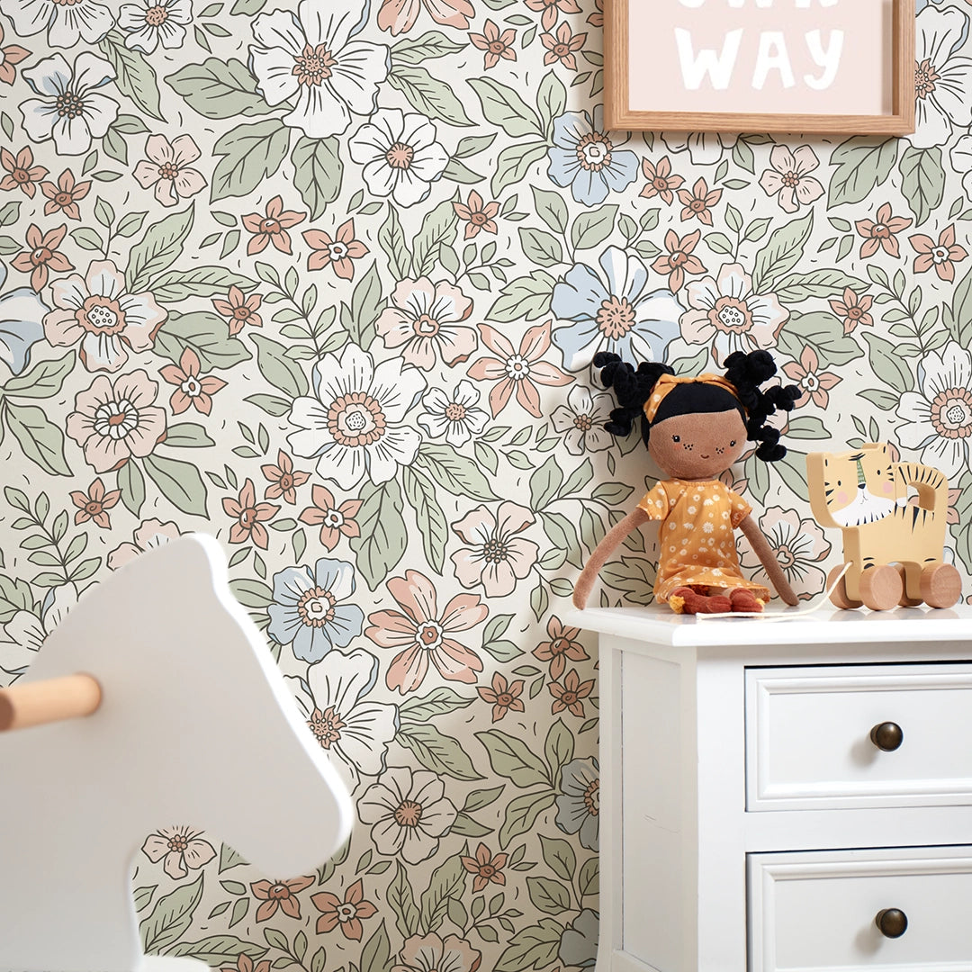 Gorgeous Gardenia Wallpaper in Sage, Soft Blues and Peach – I Love