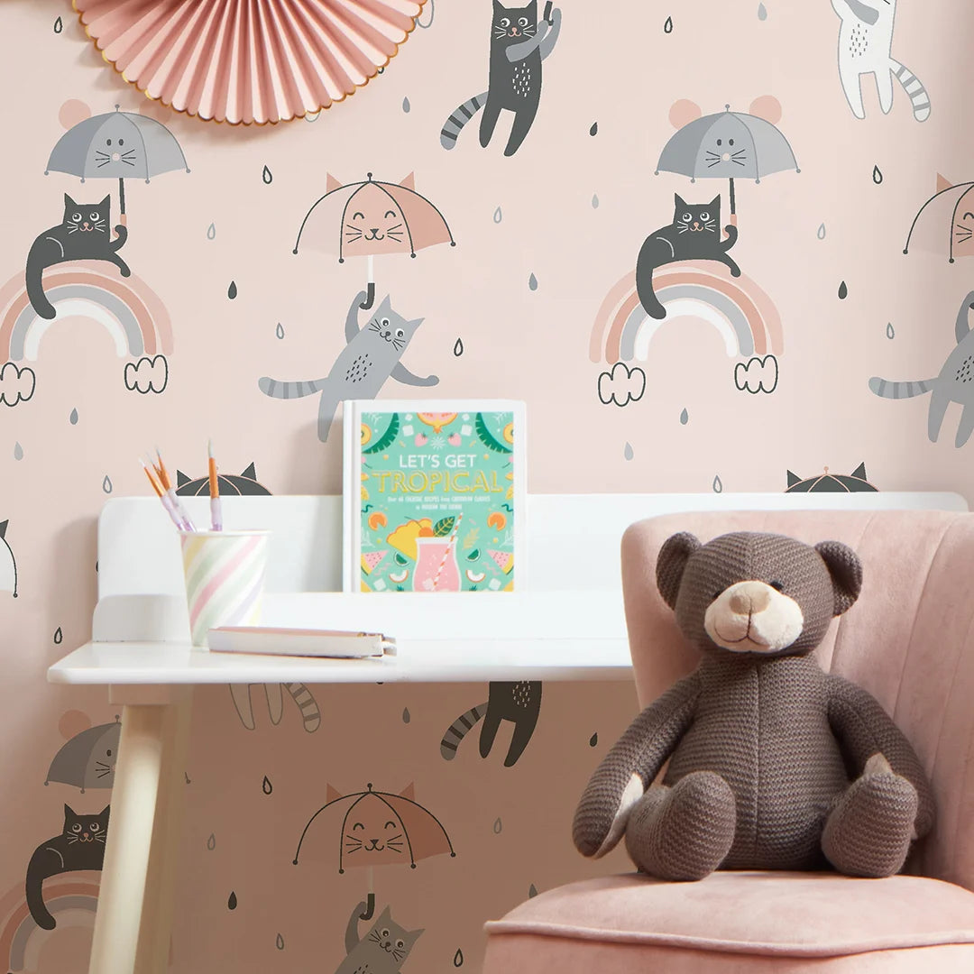 Raining Cats and Rainbows Wallpaper in Multicoloured