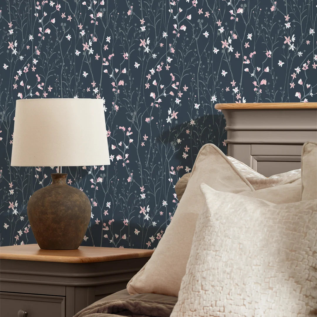 Summer Meadow Wallpaper in Navy and Pink – I Love Wallpaper