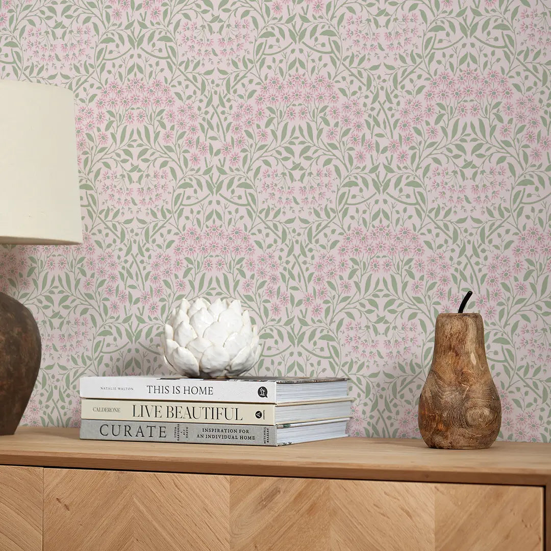 Vintage Daisy Wallpaper in Soft Pink and Sage – I Love Wallpaper