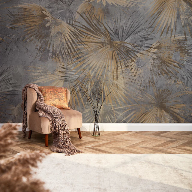 Abstract Palm Full Wall Mural in Grey and Sand