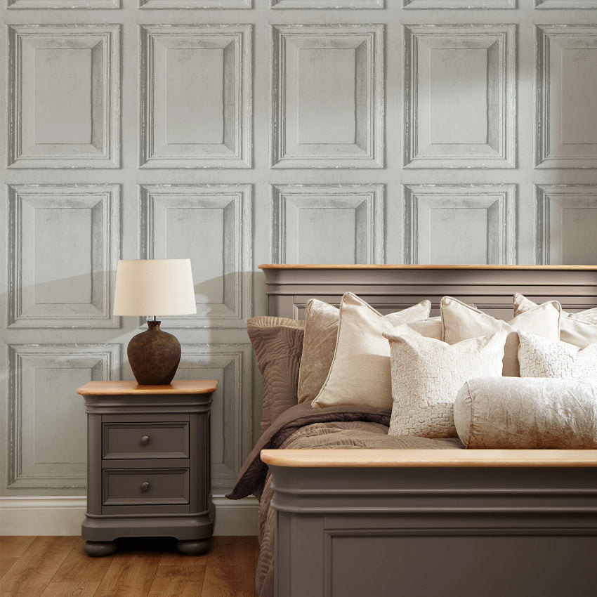 Antique Wood Panel Wallpaper in Aged White