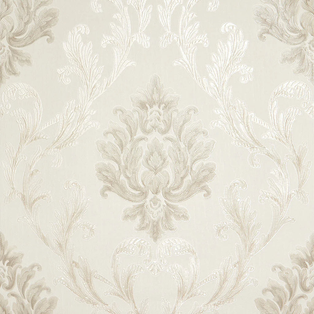 Aurora Damask Wallpaper in Shimmering Ivory with shades of Silver