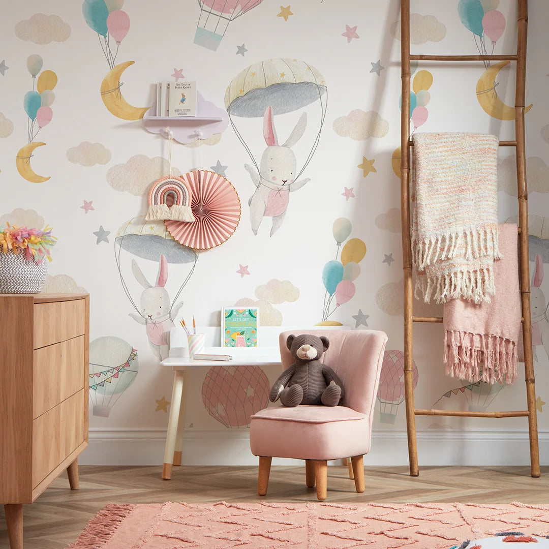 Bunnies in the Sky Wallpaper in Soft Pastels