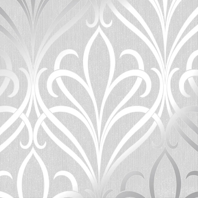 Sample of Camden Damask Wallpaper in Soft Grey and Silver