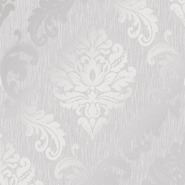 Chelsea Glitter Damask Wallpaper in Soft Grey and Silver
