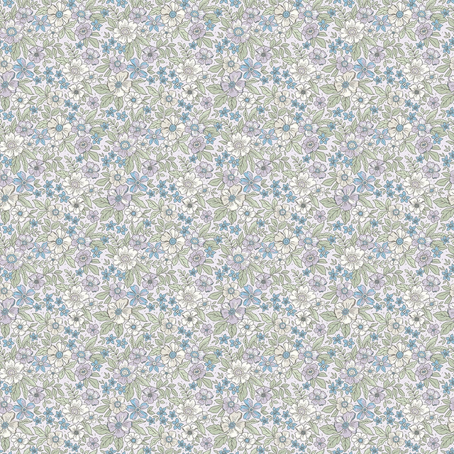 Ditsy Gardenia Wallpaper in Soft Lilacs and Sage