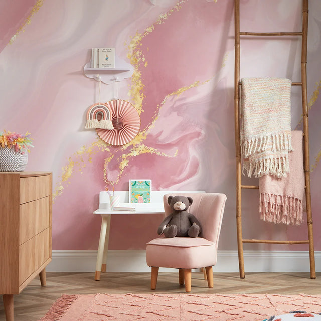 Dreamy Marble Full Wall Mural in Pastel Pink with Gold