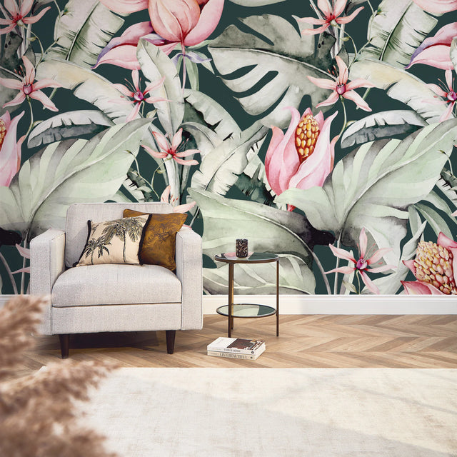 Exotic Flowers Full Wall Mural in Charcoal, Green and Pink