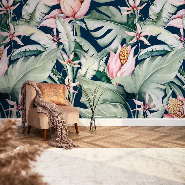 Exotic Flowers Full Wall Mural in Navy, Green and Pink