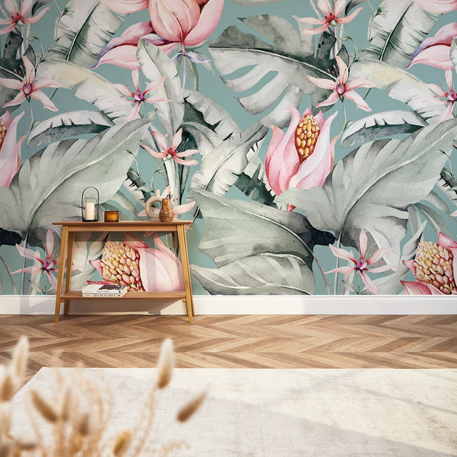 Exotic Flowers Full Wall Mural in Teal, Green and Pink