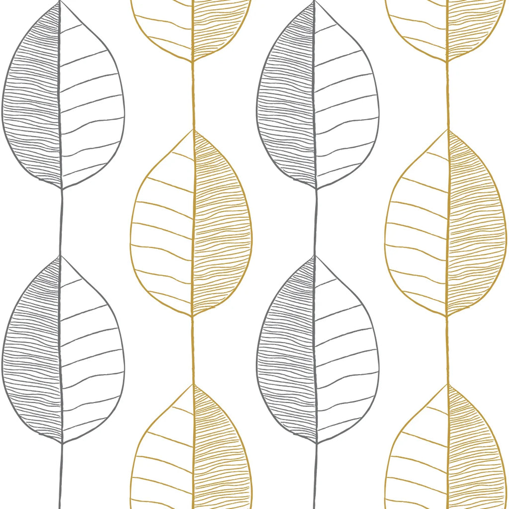 Fika Leaf Wallpaper in White and Grey and Mustard