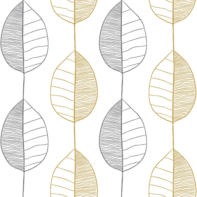 Fika Leaf Wallpaper in White and Grey and Mustard
