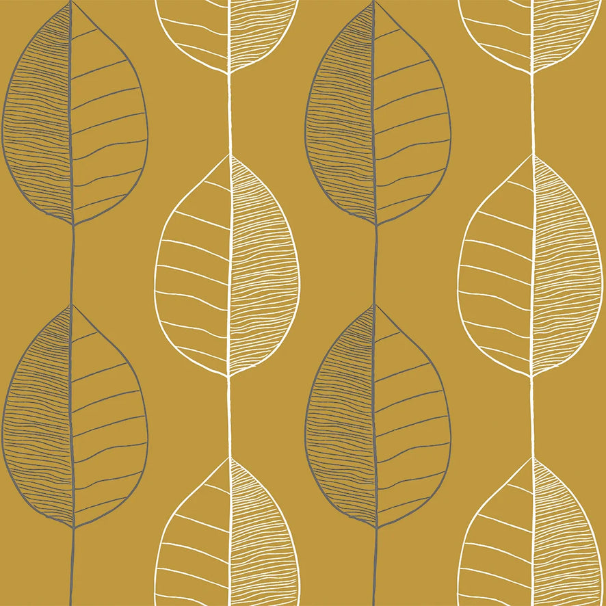 Fika Leaf Wallpaper in Mustard and Grey and White