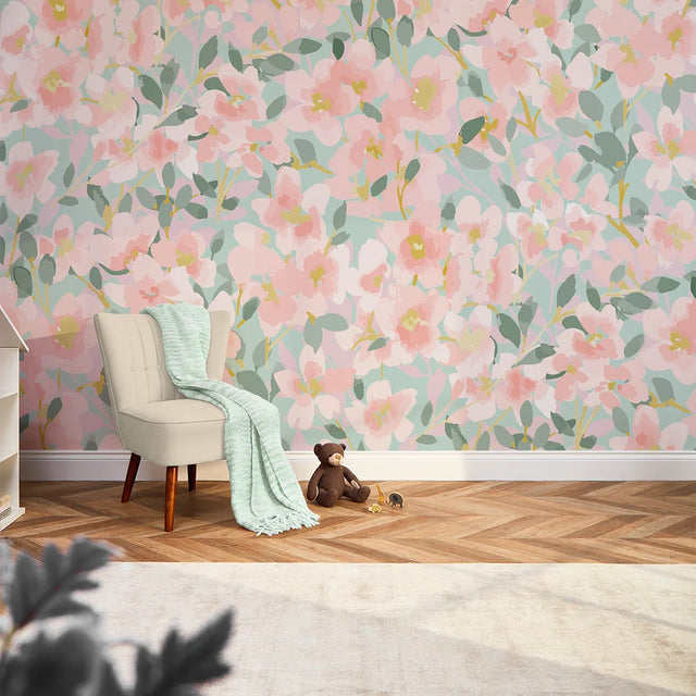 Fresh Flowers Full Wall Mural in Pink and Duck Egg