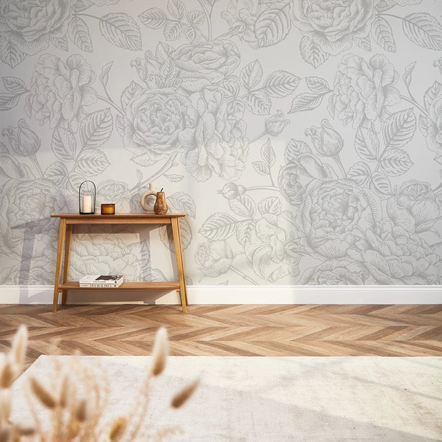 Gentle Roses Full Wall Mural in Grey