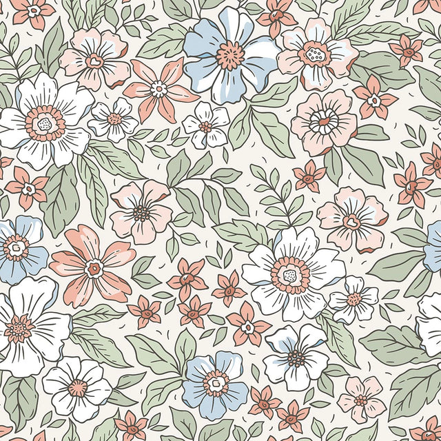 Gorgeous Gardenia Wallpaper in Sage, Soft Blues and Peach