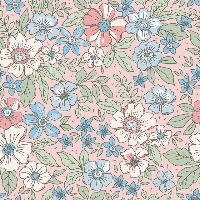 Gorgeous Gardenia Wallpaper in Soft Blue and Sage on Soft Pink