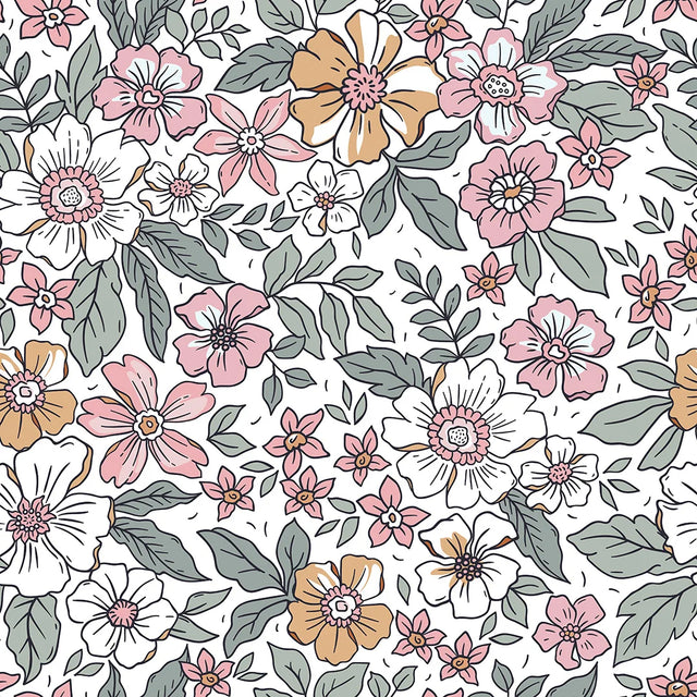 Gorgeous Gardenia Wallpaper in Sage Green and Pink on White