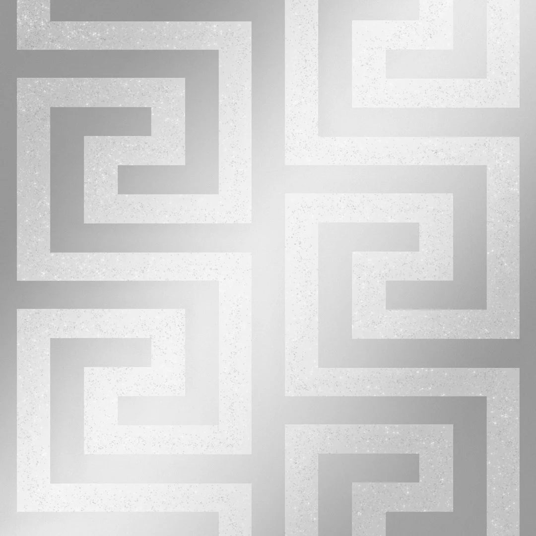 Sample of London Greek Key wallpaper in silver