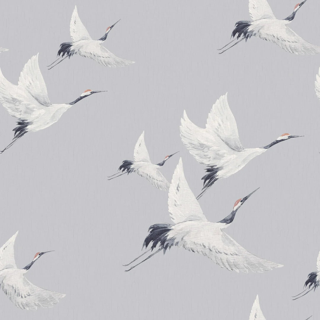 Soaring Cranes Wallpaper in Grey