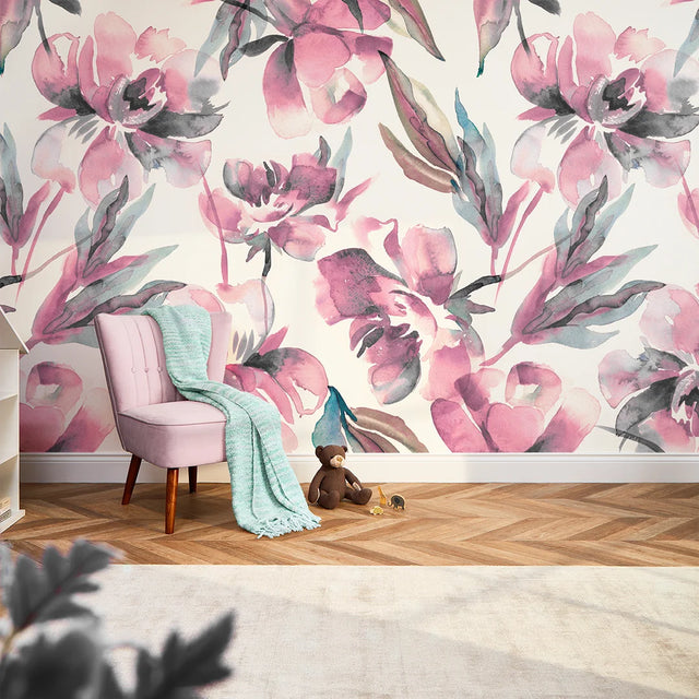 In Bloom Full Wall Mural in Watercolour Pinks