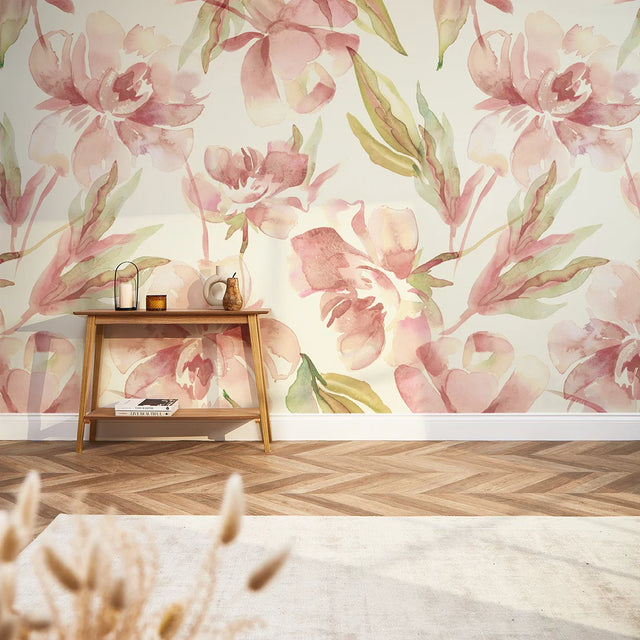 In Bloom Full Wall Mural in Watercolour Peach and Green