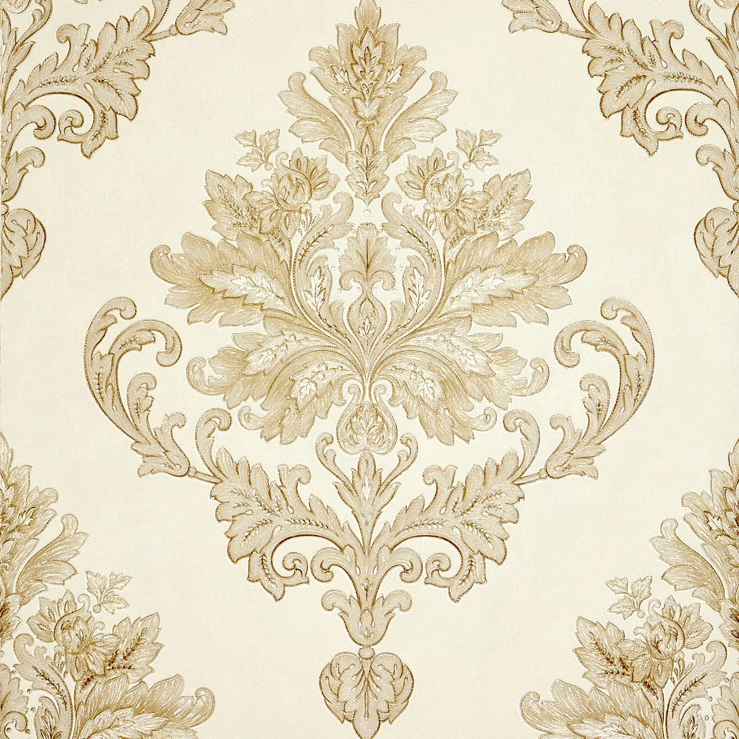 Jasmine Damask Wallpaper in Cream and Metallic Gold