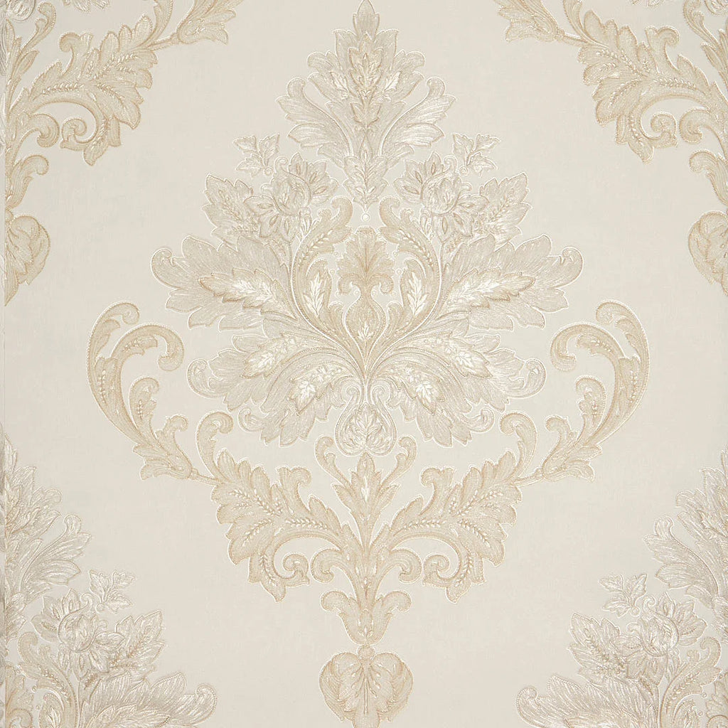 Jasmine Damask Wallpaper in Ivory Silver Shimmer