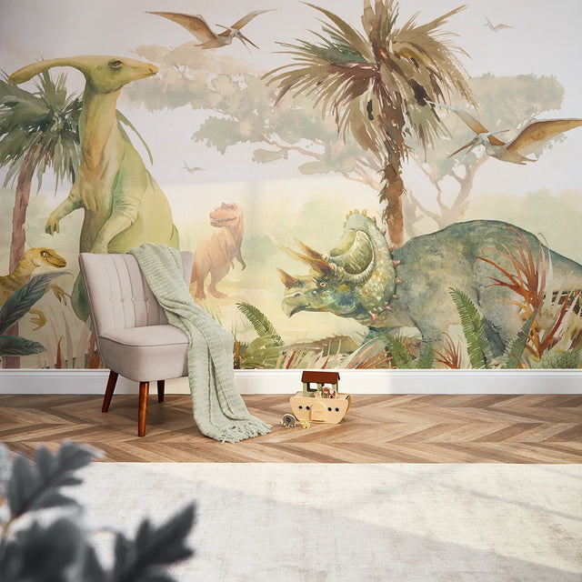 Jurassic Full Wall Mural in Watercolour Greens