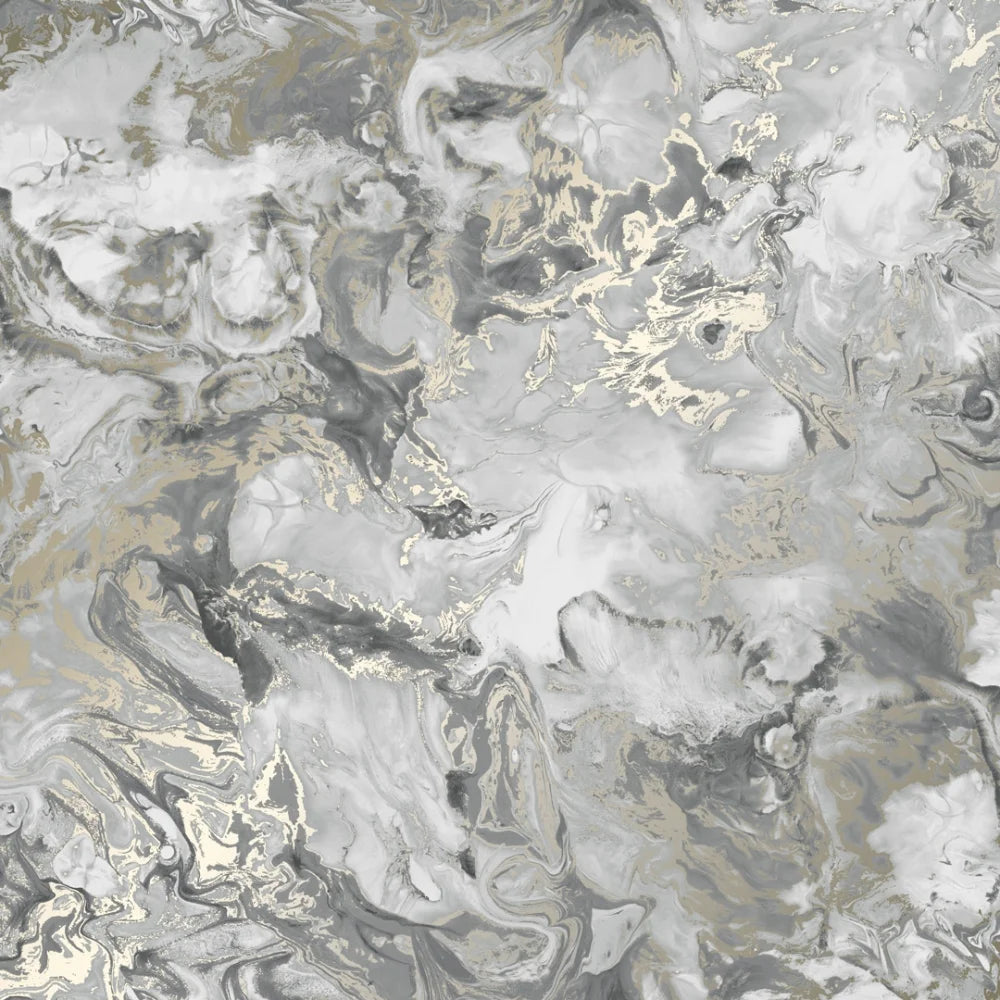 Liquid Marble Wallpaper in Grey and Gold