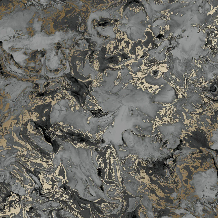 Sample of Liquid Marble Wallpaper Charcoal, Gold (53 x 30cm)