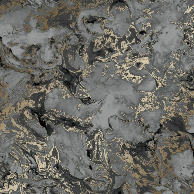 Liquid Marble Wallpaper in Charcoal and Gold