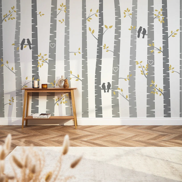 Lovebirds Full Wall Mural in Yellow and Grey