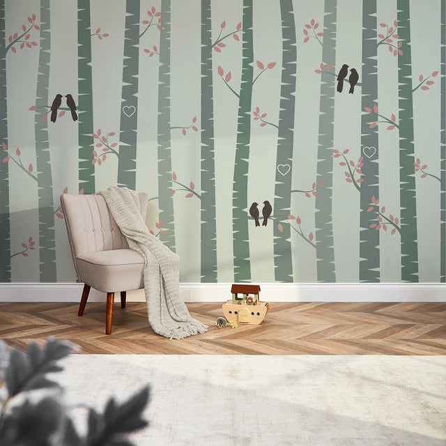 Lovebirds Full Wall Mural in Sage Green
