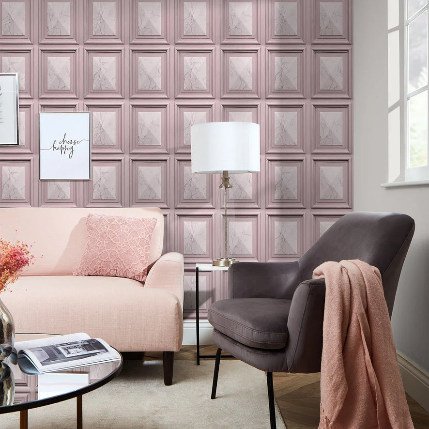 Marble Wood Panel Wallpaper in Blush
