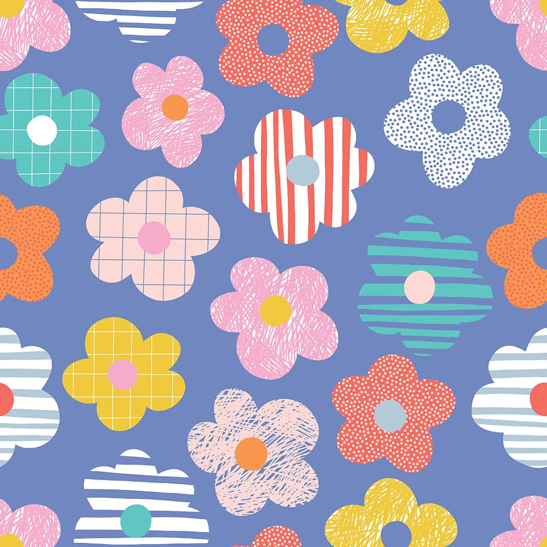 Miss Daisy Wallpaper in Multicoloured Brights on Blue