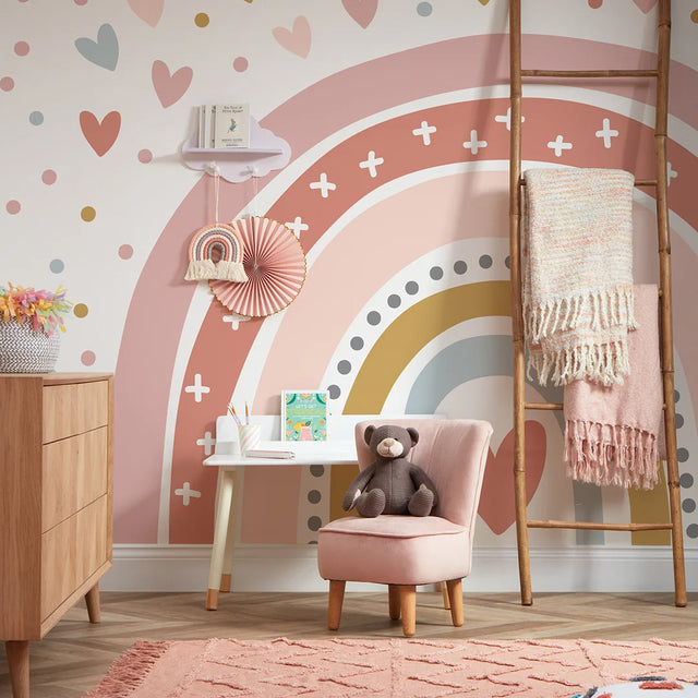 Over The Rainbow Full Wall Mural in Pink, Ochre and Blue