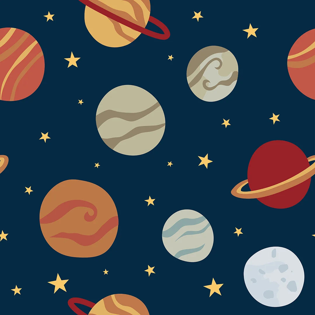 Sample of Playful Planets Wallpaper in Warm Tones on Navy