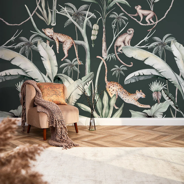 Sleepy Leopards Full Wall Mural in Bottle Green