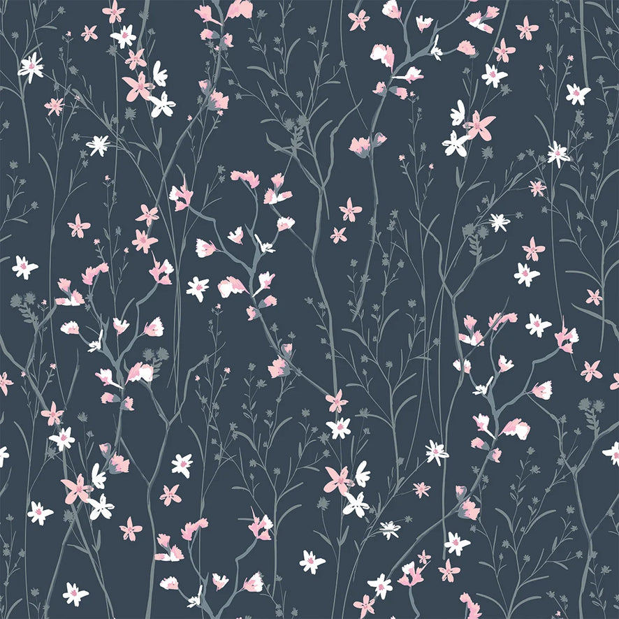 Summer Meadow Wallpaper in Navy and Pink