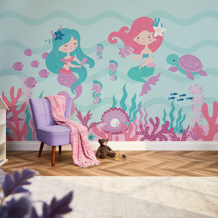 The Magical Mermaids Mural in Pink and Teal