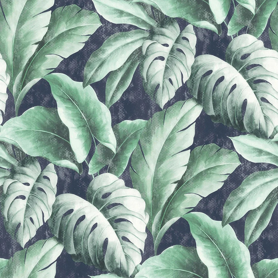 Tropicana Floral Leaf Wallpaper in Navy