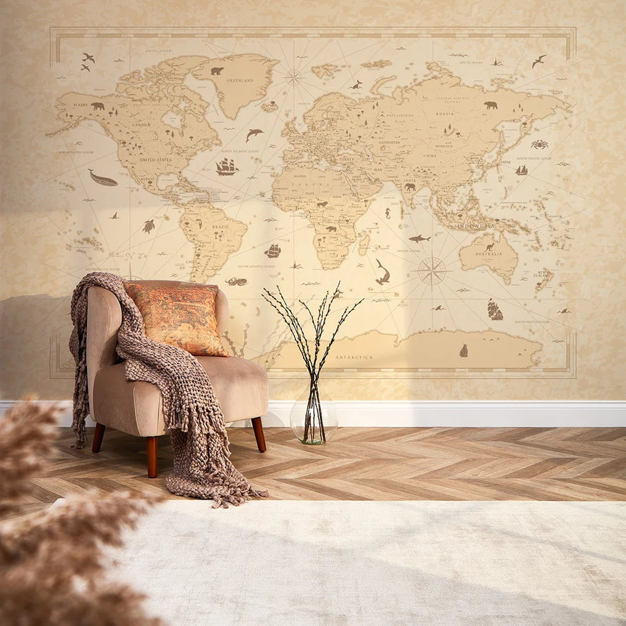 Vintage World Map Mural in Natural