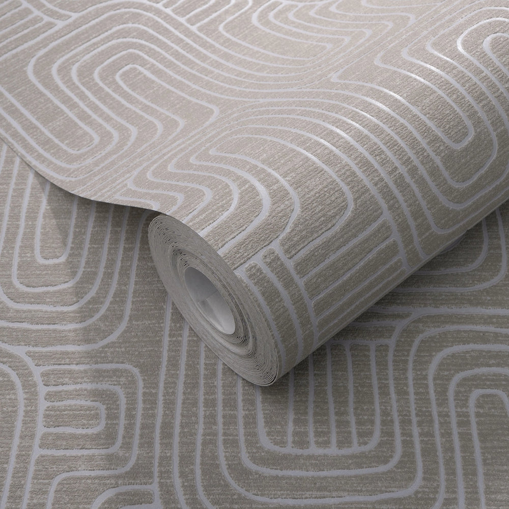 Retro Curve Wallpaper in Mushroom with Silver