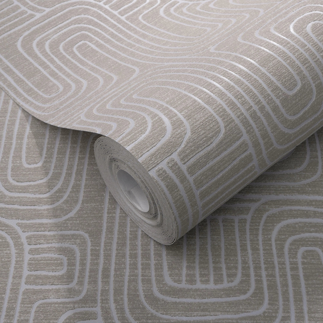 Retro Curve Wallpaper in Mushroom with Silver