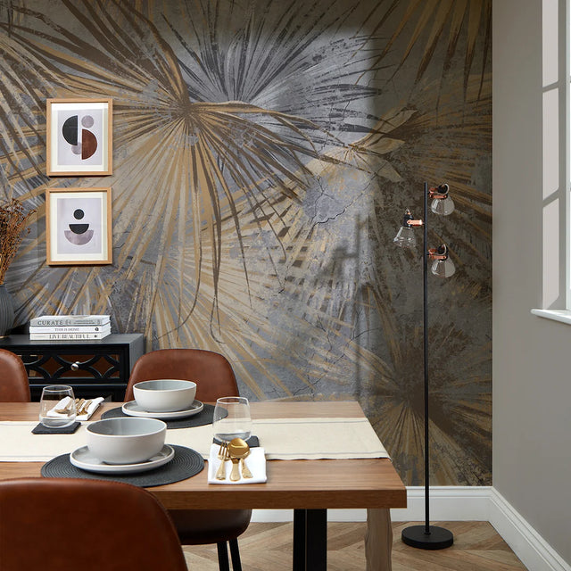 Abstract Palm Full Wall Mural in Grey and Sand