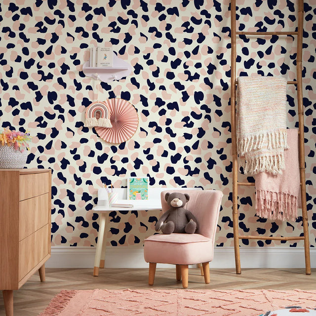 Abstract Spot Wallpaper in Pastel Pink and Navy
